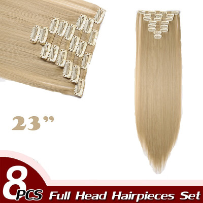 

17" Straight 8 Pcs Full Head Clip in Hair Extensions Synthetic 8 Piece 18 Clips Hairpiece Long Straight for Women