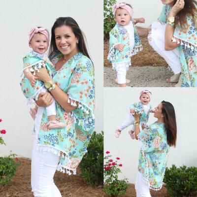 

1 PC Women Baby Girl Beachwear Cardigan Family Matching Summer Loose Floral Shawl Kimono Blouse Tops