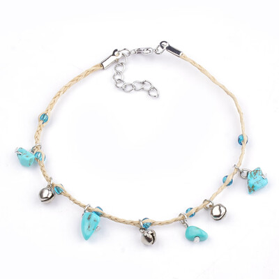 

Handmade Braided Raffia Anklets Lucky Raffia with Chip Synthetic Turquoise & Silver Lined Seed Beads Iron Lobster Clasp & Exten