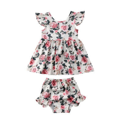

Summer Little Girl Cute Flying Sleeves Round Collar Lace Floral Suit Beige