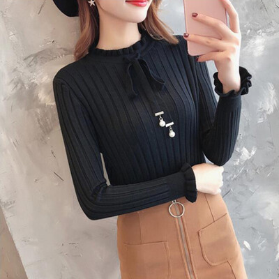 

Women Sweater Autumn Long Sleeve Bow Collar 2019 Casual Slim Elegant Sweater Winter Knitted Sweater Lace Up Female Pullover
