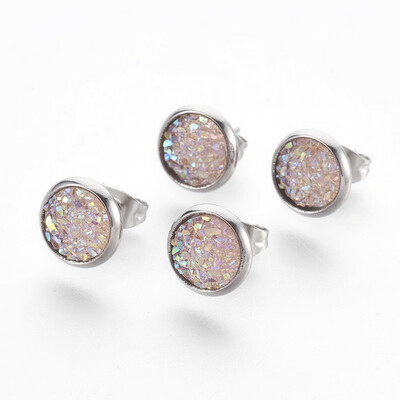 

304 Stainless Steel Stud Earrings with Resin Druzy Flat Round MistyRose 14x10mm Pin 08mm