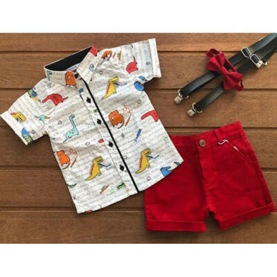 

USA 2PCS Kids Baby Boy Gentleman Clothes Dinosaur Tops Shorts Outfit Set Summer