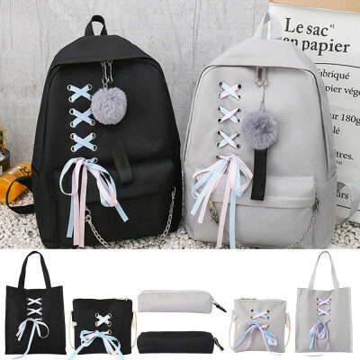 

4PcsSet Ribbon Chain Bowknot Letter Mochila Teenage Canvas Backpack Travel Rucksacks Leisure Bag