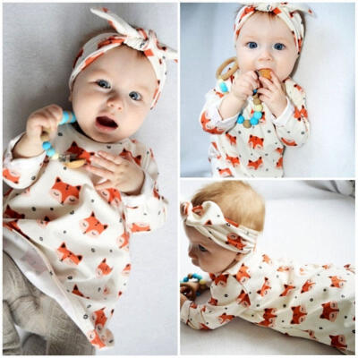 

2PCS Newborn Baby Girls Pajamas Cotton DressHeadband Outfit Cute Fox Set Clothes