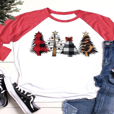 

Raglan Long Sleeves Christmas Trees Pattern Printed Tee