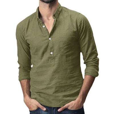 

Toponeto Mens Baggy Cotton Linen Solid Pocket Long Sleeve Turn-down Collar T-Shirts Tops