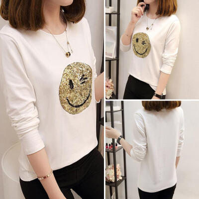 

Autumn Cute Smile Face O-Neck Long Sleeve Basic T-shirt Women Loose Tops