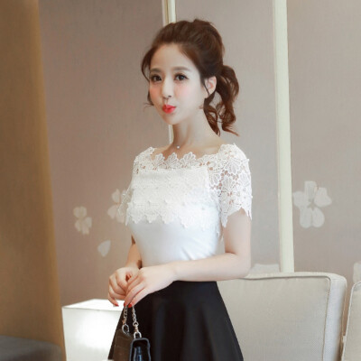 

Summer Strapless Collar Pure Lace Shirt Blouse Women Short Sleeve Loose Korean Style Slash Neck Lace Shirt Top For Lady