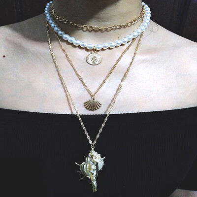 

Tucai Z Punk Multilayer Pearl Necklace Statement Necklace Virgin Mary Conch Scallop Pendant Necklace Womens Jewelry