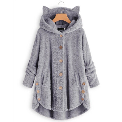 

2019 Autumn Winter Button Hooded Cat Ear Plush Top Irregular Solid color Long sleeve Coat