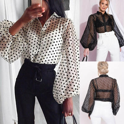 

Women See-through Sheer Mesh Dot Blouse Puff Long Sleeve T-shirt Tops Shirts