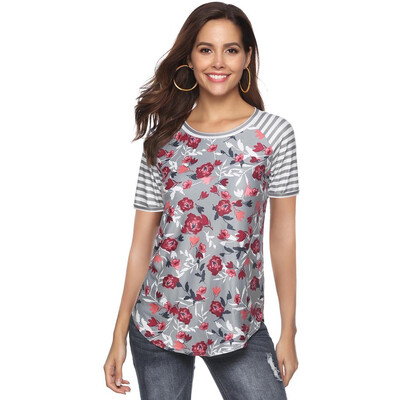 

Nomeni Women Casual Floral Print Blouse Stripe Short Sleeve Shirt Round Neck Tops