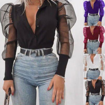 

Womens Lady Tulle Ruffle Long Puff Sleeve V Neck Shirt Loose Casual Blouse Tops