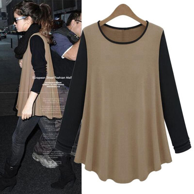 

New Fashion Women T-shirt Contrast Patchwork O-Neck Long Sleeve Casual Blouse Tops Coffee&Black