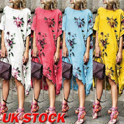 

UK Women Short Sleeve Boho Floral Loose Dress Ladies Summer Sundress Holiday