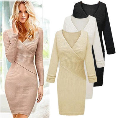 

Women Sexy Slim V-Neck Long Sleeve Sweater Dress Clubwear Party Bodycon Knitwear