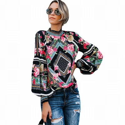 

High-neck long-sleeved shirt womens slim printed shirt