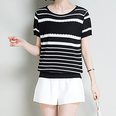 

Starmoon Women Fashion Leisure O-Neck Short Sleeve Stripe T-Shirt Tops Knitting Blouse