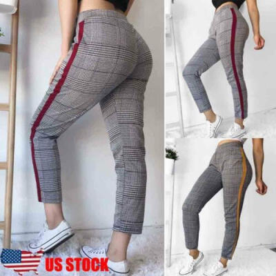 

Womens Stretch Skinny Plaid Slim Jeggings High Waist Pencil Pants Trousers