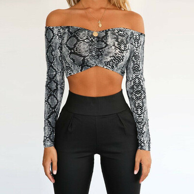 

Fashion Womens Crop Clothing Long Sleeve Snake Skin Sexy Off Shoulder Top Blouse