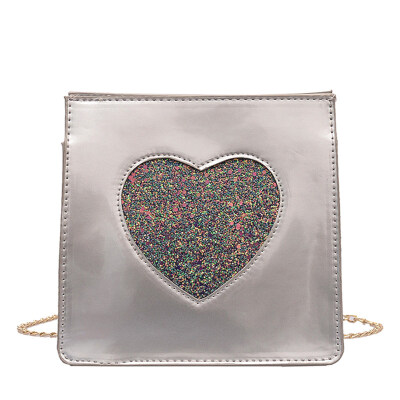 

Women Heart Sequins Chain Crossbody Shoulder Pouch Square Patent Leather Bag