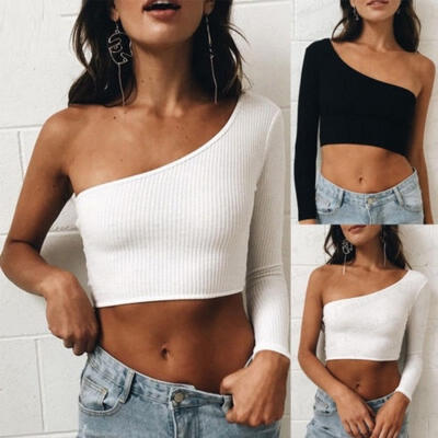

Women&39s One Shoulder Crop Top Long Sleeve Slim Vest Tank Tops Blouse Clubwear