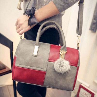 

Hot Women PU Leather Handbags Spring Hair Ball Pendant Stitching Color Versatile Messenger Zipper Simple Retro Shoulder Bag