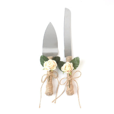 

Stainless Steel Wedding Cake Knife & Server Set Burlap Twine Handle with Artificial Flower Cake Cutlery for Wedding Anniversary Bi