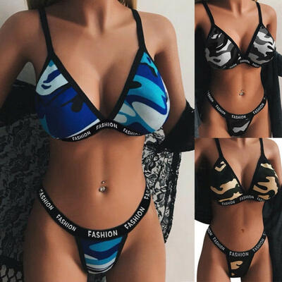 

Bikini Woman 2 Pieces Camouflage Swimwear Two Pieces Outdoor Push Up Beach Fashion Bikini Set UK  Blue