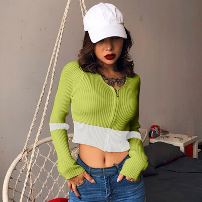 

Tailored Women Autumn Long Sleeve Color Splicing Zipper Knitting Pullover Short Blouse