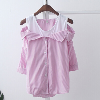 

Women Clothes Vertical Stripe Spaghetti Strap Off-shoulder Loose Shirt Casual Summer Autumn Women Striped