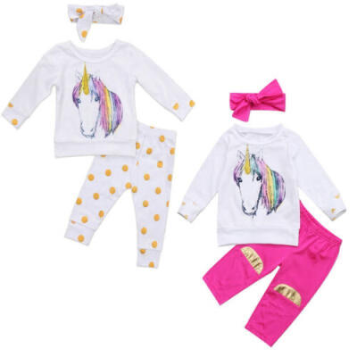 

USA 3Pcs Newborn Baby Girls Unicorn Tops T-shirt Long Pants Kids Outfit Clothes