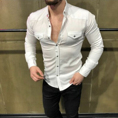 

New Mens Luxury Casual Long Sleeve Dress T Shirts Slim Fit Denim Shirt Tops