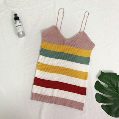 

Women Rainbow tops fashion top casual Stripe Print Wrapped Chest Slim Knitting Vest Bottoming Stretch Sling Bottoming Camisole
