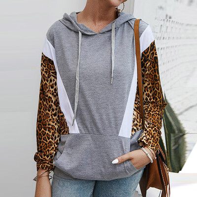 

Tailored Women Casual Long Sleeve Leopard Pocket Hooded Patchwork Sweatershirt Tops