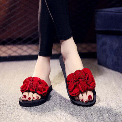 

Rose Womens Bohemian Flower Flat Slippers Summer Sandals Non-slip Beach Shoes