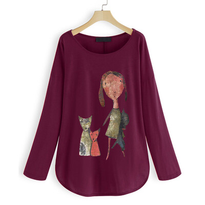 

Starmoon Womens Autumn Casual Plus Size Loose O-Neck Character Print Tunic Shirt Blouse