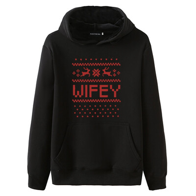 

New Fashion Couple Casual Christmas Hoodie Wifey Letter Print Hooded Sweatshirt Pocket Tops Valentines Day Gift