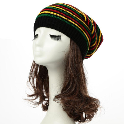 

New Women Men Knitted Beanie Hat Contrast Stripe Splice Ribbed Brim Warm Dance Cap Headwear