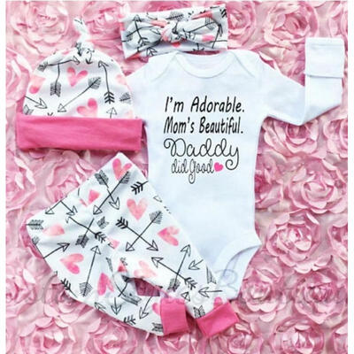 

4Pcs Newborn Kids Baby Girls Cotton Tops Romper Pants Hat Outfits Set Clothes 0-18M