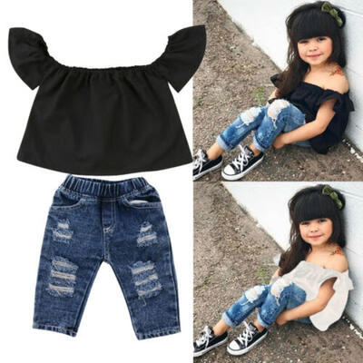 

Cute Kids Baby Girls Off Shoulder Tops Denim Hot Pants Jeans Outfits Set Clothes