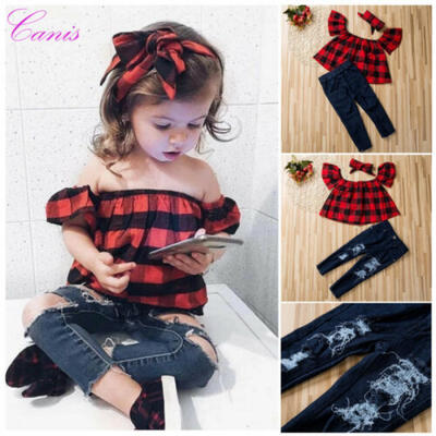 

Kid Baby Girl Outfit Off Shoulder T-shirt TopsHole Pants Jeans Clothes