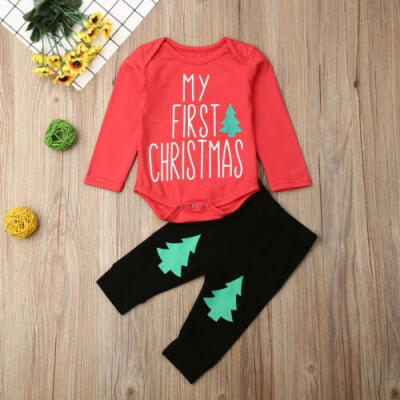 

US My First Christmas Baby Girl Clothes Romper Bodysuit Long Pants Outfit 0-18M