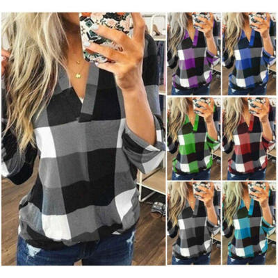 

Women V-Neck Check Lattice Plaid T-Shirt Tops Lady Casual Blouse Plus Size -3XL
