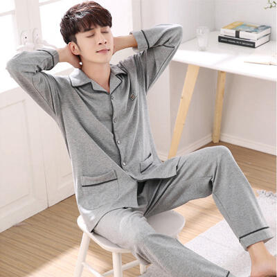 

Spring Autumn Mens Pajamas Set Sleepwear Long-Sleeved Turn-Down Collar Plus Size Nightwear Homewear