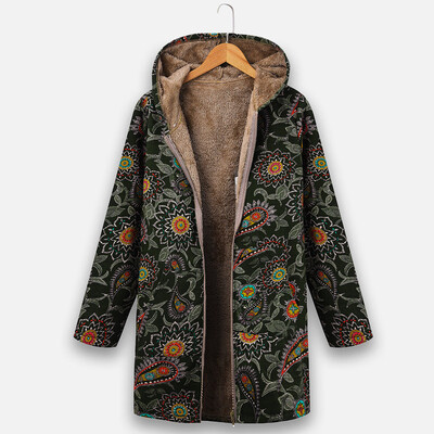 

Toponeto Plus Size Women Vintage Zipper Ethnic Print Hooded Fleece Long Sleeve Coat
