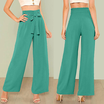 

Women High Waist Pure Color Bandage Wide Leg Trousers Casual Pants