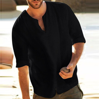 

Toponeto Mens Baggy Cotton Linen Solid Color 34 Sleeve V Neck T Shirts Tops Blouses