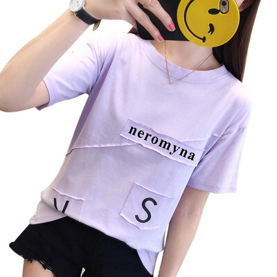 

Women Casual Round Neck Letter Appliques Short Sleeve Tshirt Female Loose Short Sleeve T-Shirt Korean Summer Tops